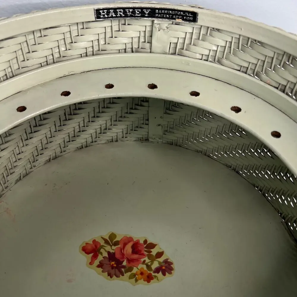 Vtg 60s Harvey Wicker Woven Lidded Sewing Basket  Box Cottage Floral Top Decal